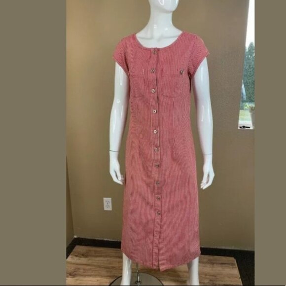 Anthropologie Isabella Bird Red Denim Striped Button Midi Dress Size 6P - Picture 1 of 6